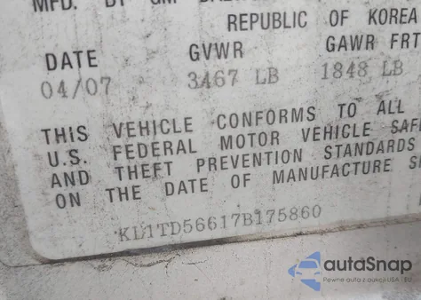 2007 Chevrolet Aveo Ls z USA, uszkodzony, nr VIN KL1TD56617B175860